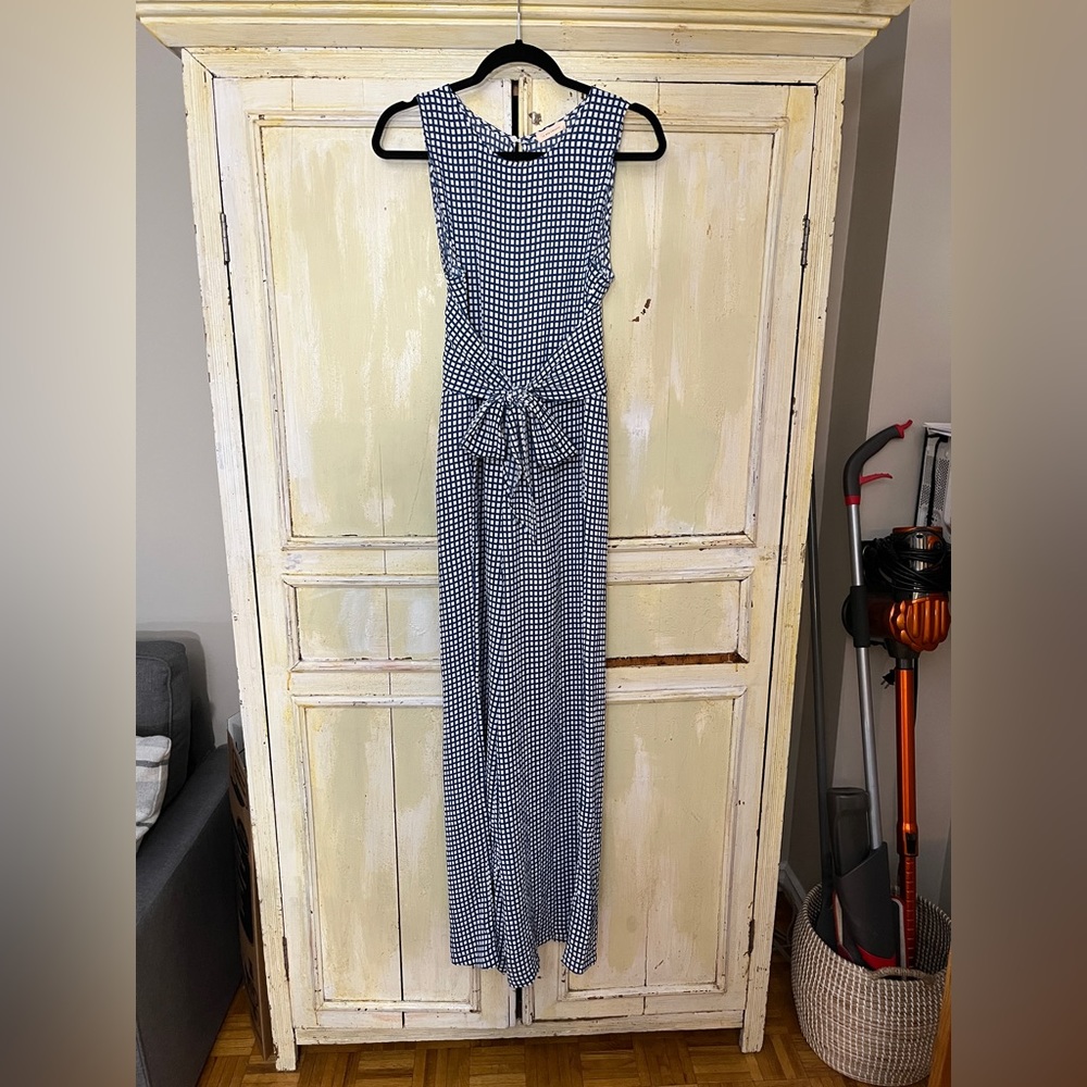 Blue and white gingham jumpsuit with a waist tie in size medium.